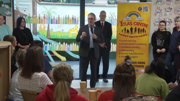 Starmer speaking at a nursery school in Belfast 12 March